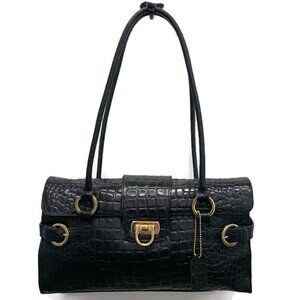 Lord & Taylor Black Moc Croc Leather Shoulder Bag